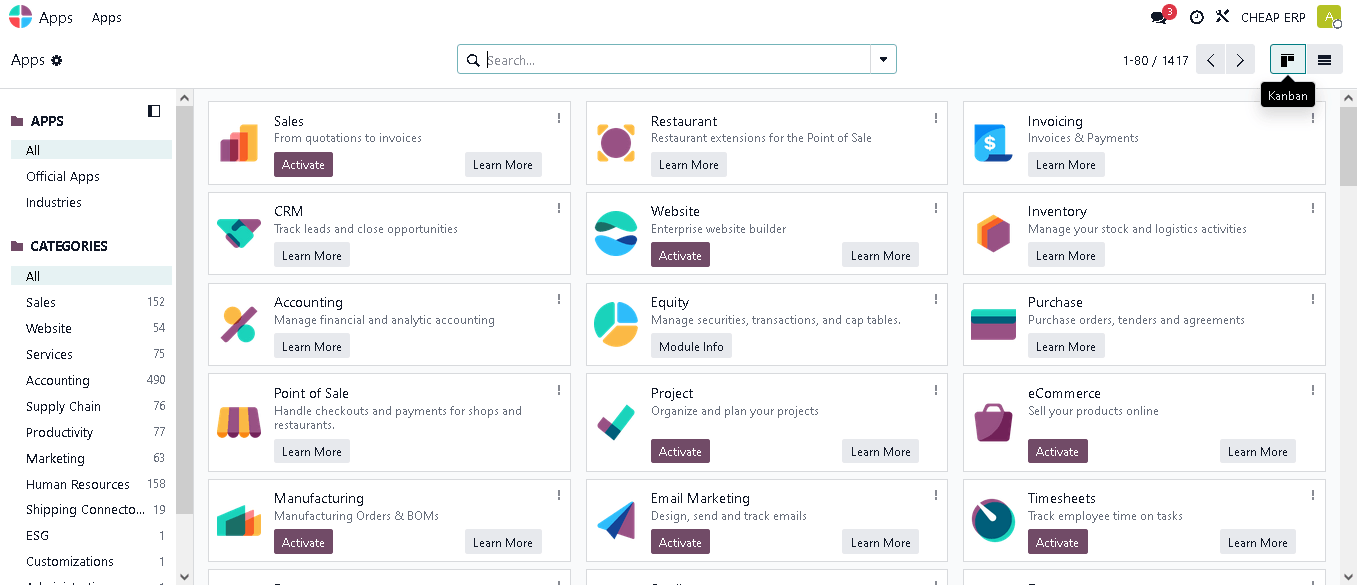 Halaman Apps Odoo dengan modul Sales, CRM, Accounting, Inventory, Manufacturing, dan lainnya